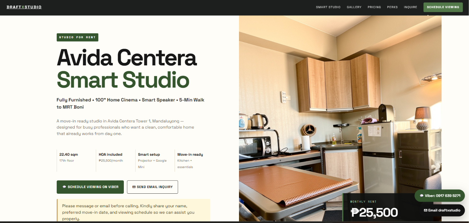 Avida Centera Smart Studio website screenshot